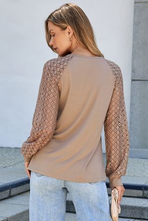 Women's Beige Blouse with Lace Sleeves and Pleated Front