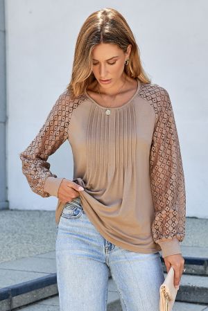 Women's Beige Blouse with Lace Sleeves and Pleated Front