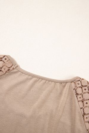 Women's Beige Blouse with Lace Sleeves and Pleated Front