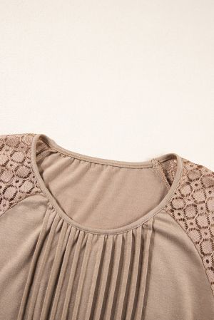 Women's Beige Blouse with Lace Sleeves and Pleated Front