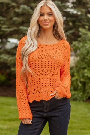 Women’s Orange Knitted Sweater with Openwork Design