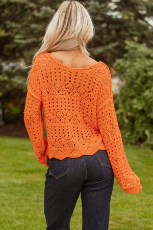 Women’s Orange Knitted Sweater with Openwork Design