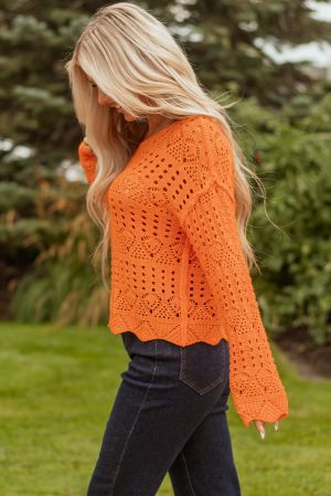 Women’s Orange Knitted Sweater with Openwork Design