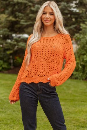 Women’s Orange Knitted Sweater with Openwork Design