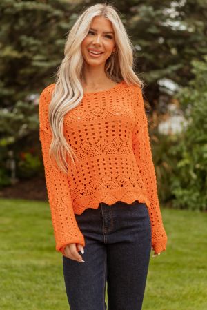 Women’s Orange Knitted Sweater with Openwork Design