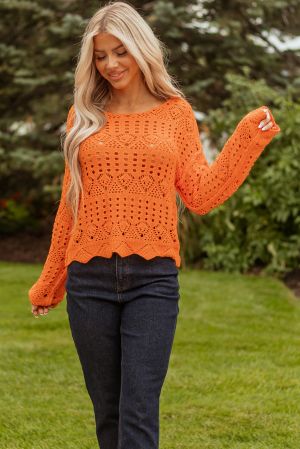 Women’s Orange Knitted Sweater with Openwork Design