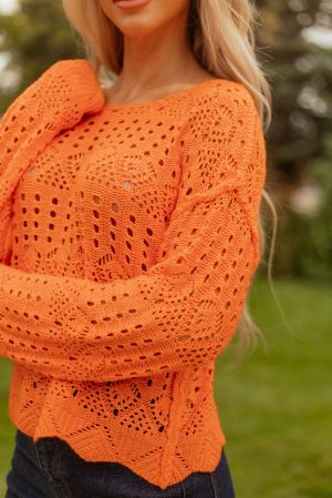 Women’s Orange Knitted Sweater with Openwork Design