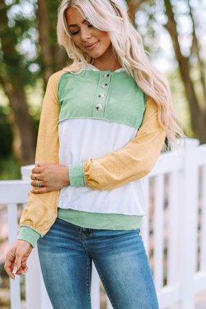 Women’s Color Block Hoodie with Buttons in Green, White and Yellow