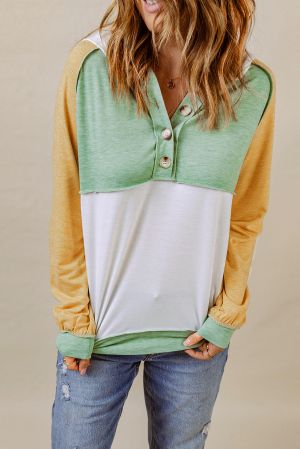 Women’s Color Block Hoodie with Buttons in Green, White and Yellow