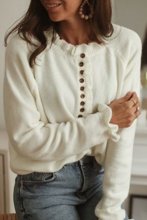 Women’s Beige Buttoned Sweater with Frill Trim Collar