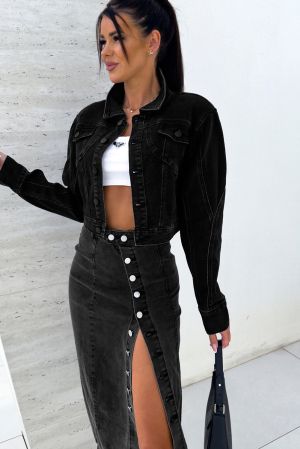 Women’s Black High Waist Denim Midi Skirt with Side Split