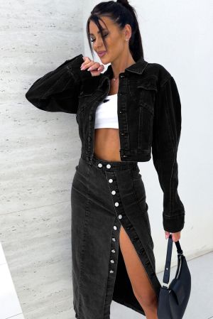 Women’s Black High Waist Denim Midi Skirt with Side Split