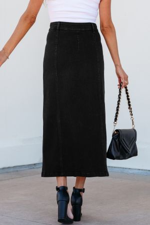 Women’s Black High Waist Denim Midi Skirt with Side Split