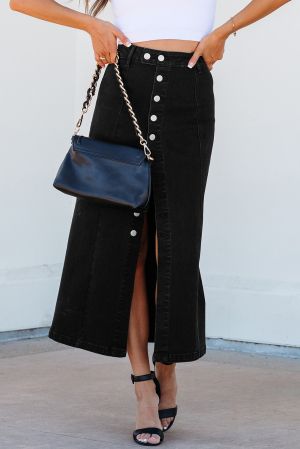 Women’s Black High Waist Denim Midi Skirt with Side Split