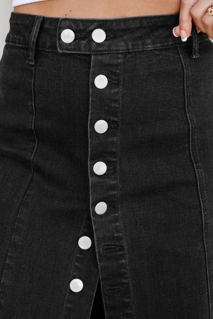 Women’s Black High Waist Denim Midi Skirt with Side Split