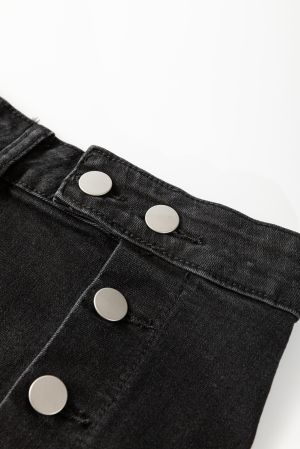 Women’s Black High Waist Denim Midi Skirt with Side Split