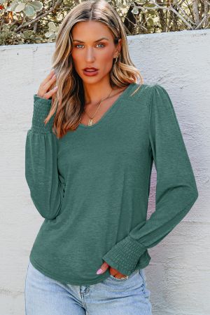 Women’s Green Long Sleeve Blouse with V-Neck