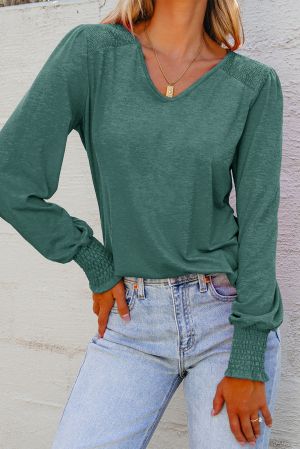 Women’s Green Long Sleeve Blouse with V-Neck