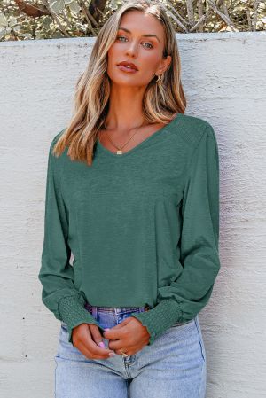 Women’s Green Long Sleeve Blouse with V-Neck