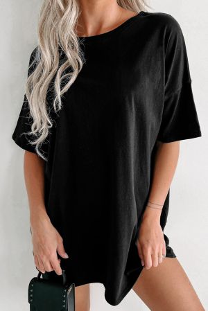 Black Cotton Oversized T-Shirt Tunic with Short Sleeves