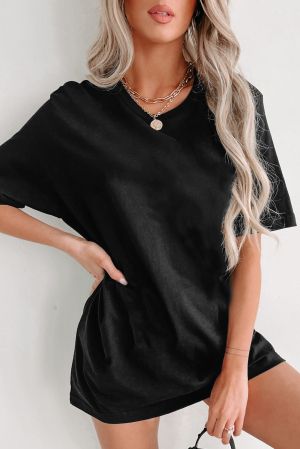 Black Cotton Oversized T-Shirt Tunic with Short Sleeves
