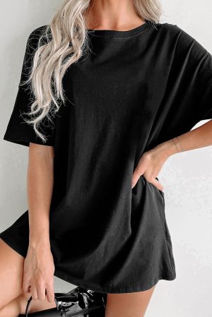Black Cotton Oversized T-Shirt Tunic with Short Sleeves