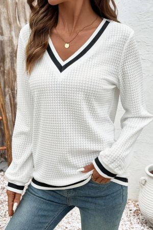 Women's White V-Neck Blouse with Black Trim