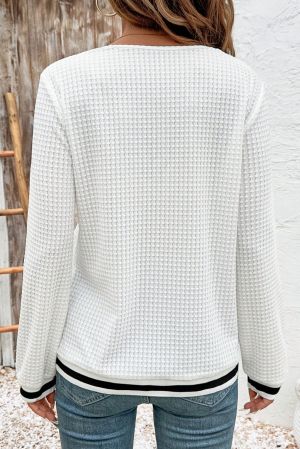Women's White V-Neck Blouse with Black Trim