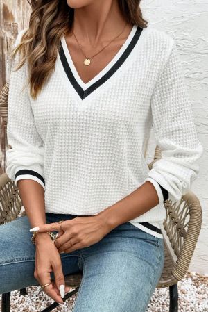 Women's White V-Neck Blouse with Black Trim