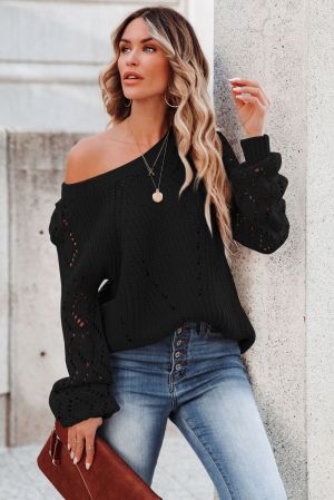Women’s Black Knitted Sweater with Openwork Pattern