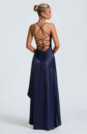 Elegant Satin Evening Dress with High Slit and Open Back