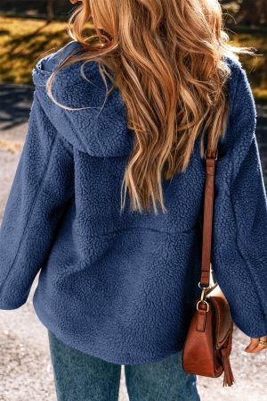 Blue Fleece Zip Up Drawstring Hooded Pocketed Jacket