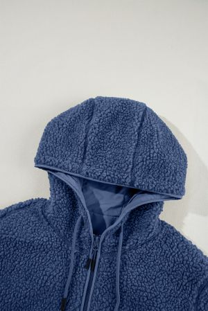 Blue Fleece Zip Up Drawstring Hooded Pocketed Jacket