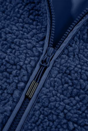 Blue Fleece Zip Up Drawstring Hooded Pocketed Jacket