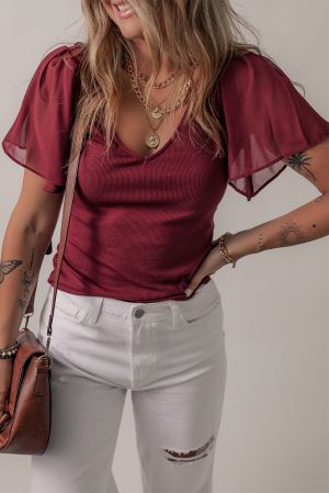 Women's Burgundy Blouse with Chiffon Sleeves