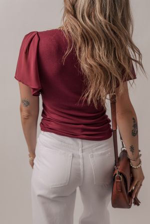 Women's Burgundy Blouse with Chiffon Sleeves
