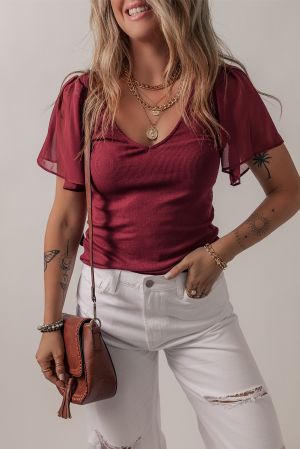Women's Burgundy Blouse with Chiffon Sleeves