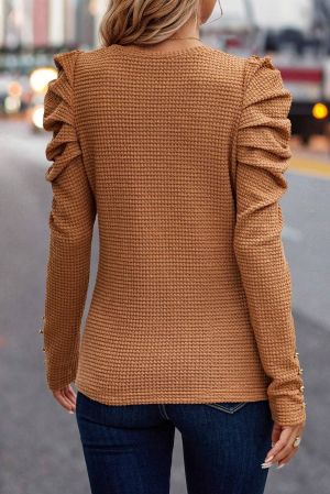 Women’s Caramel Knit Blouse with Puff Sleeves and Decorative Buttons