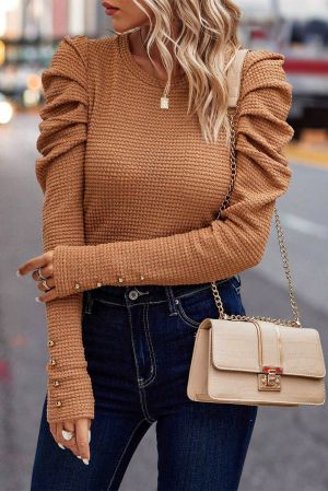 Women’s Caramel Knit Blouse with Puff Sleeves and Decorative Buttons