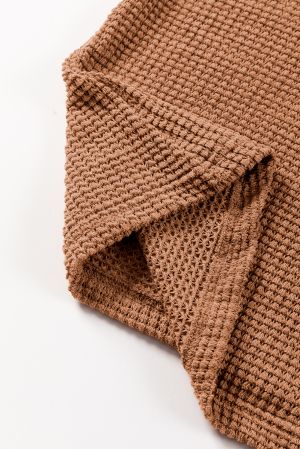 Women’s Caramel Knit Blouse with Puff Sleeves and Decorative Buttons
