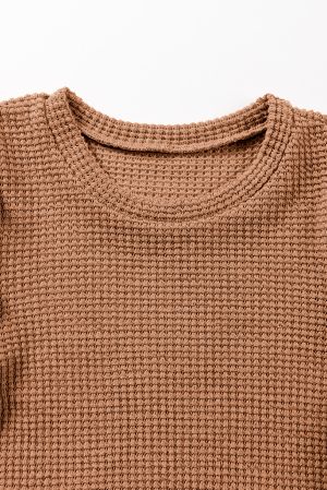 Women’s Caramel Knit Blouse with Puff Sleeves and Decorative Buttons