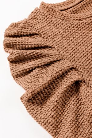 Women’s Caramel Knit Blouse with Puff Sleeves and Decorative Buttons