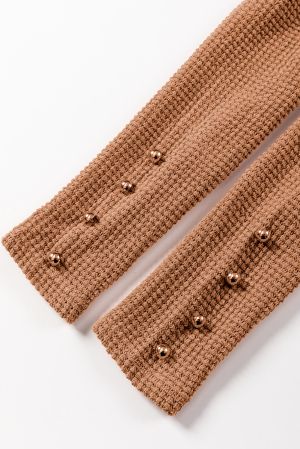 Women’s Caramel Knit Blouse with Puff Sleeves and Decorative Buttons