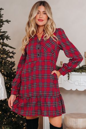 Women's Red Plaid Shirt Collar Long Sleeve Mini Dress with Ruffle Hem