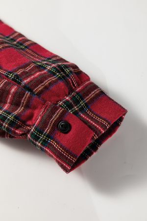 Women's Red Plaid Shirt Collar Long Sleeve Mini Dress with Ruffle Hem