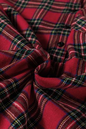 Women's Red Plaid Shirt Collar Long Sleeve Mini Dress with Ruffle Hem