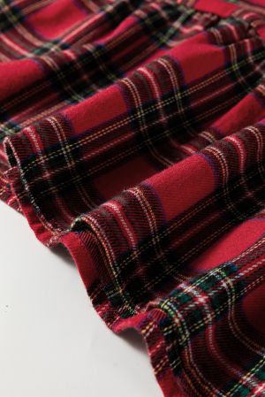 Women's Red Plaid Shirt Collar Long Sleeve Mini Dress with Ruffle Hem