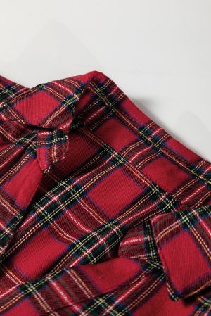 Women's Red Plaid Shirt Collar Long Sleeve Mini Dress with Ruffle Hem