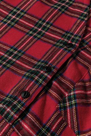 Women's Red Plaid Shirt Collar Long Sleeve Mini Dress with Ruffle Hem