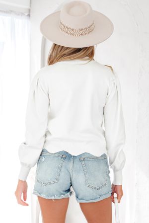 Women’s Short White Sweater with Floral Embroidery